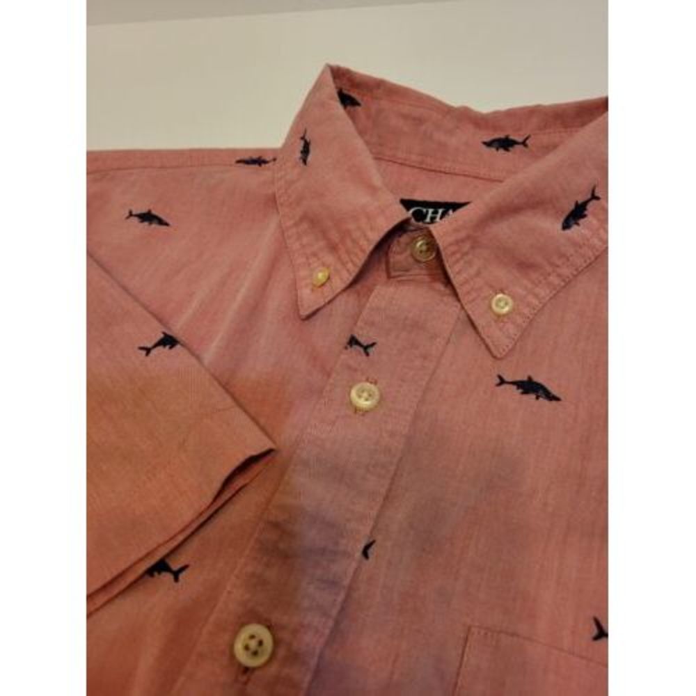 Chaps, easy care mens‎ shirt, size M, salmon color with sharks